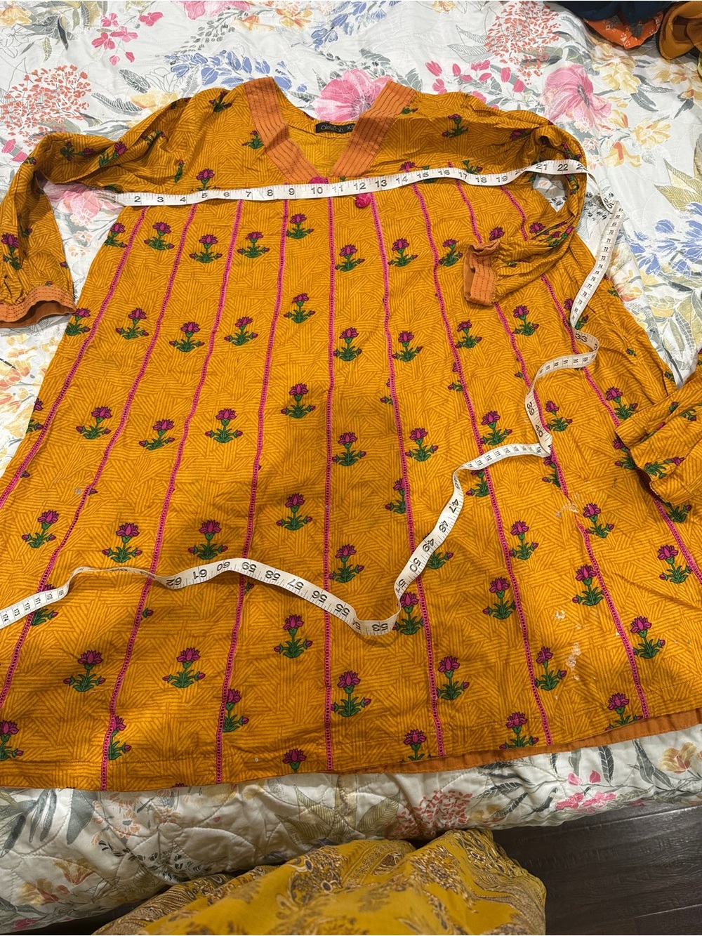 Mustard Yellow Floral Embroidered Tunic Dress